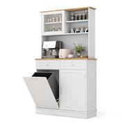 Armario de basura de madera inclinable con encimera de madera de goma y estantes ajustables, armario de cocina independiente con cajones y aparador, ideal para comedor (cubo de basura no