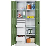 Armario de chapa de acero para material C+P, 6 baldas, 8 cajones