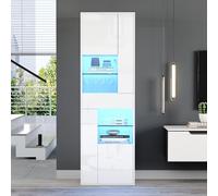 Armario de cocina, 55 x 38 x 170 cm, con 1 cajón y 4 armarios, vitrina de cristal con iluminación LED, vitrinas con diseño brillante, color blanco
