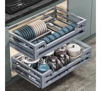 Armario de cocina extensible de acero inoxidable, estante para platos de 2 niveles con bandeja de goteo y mecanismo de cierre suave, apertura de cajón/puerta