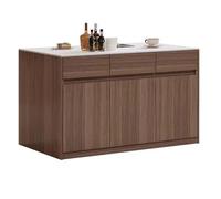 Armario de cocina multifuncional con parte superior de piedra, estantes y puertas de almacenamiento de madera, elegante isla pequeña para cocinar en casa y cenar (marrón)