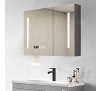 Armario de madera con espejo de baño con iluminación LED y organizador de pared, sin niebla, con espacio de almacenamiento, espejo facetado de 3 facetas para maquillaje y aseo