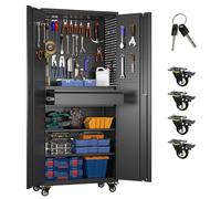 Armario de metal para garaje con ruedas, almacenamiento de herramientas de acero con cerradura con tablero de clavijas y cajón, 71 pulgadas de alto para garaje, hogar, oficina, requiere montaje