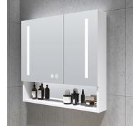 Armario de pared con espejo de baño con luz LED que ahorra espacio, diseño moderno blanco de 70 cm, perfecto para decoración de ducha y baño