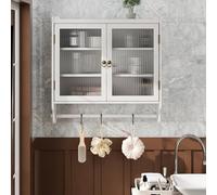 Armario De Pared Con Madera Y Vidrio, Puertas Dobles Con Tres Estantes Y Toallero, Mueble De Almacenaje De Montaje En Pared, Armario Para Baño Y Cocina Y Comedor, Blanco Decapado, 63x60x18 cm