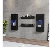 Armario De Pared LED Con 2 Estantes Iluminación Inteligente Controlada Por App Acabado Brillante Puertas De Vidrio Templado Para Salón, Compatible Con TV, Conjunto De Mueble De TV ,Negro,SET OF 4