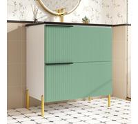 Armario de pie para debajo del lavabo con lavabo de cerámica, 81 cm, color verde menta con cajones, muebles de baño con patas de metal en aspecto dorado
