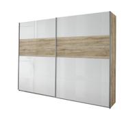 Armario de puertas correderas humo Quadra, 2-puertas, 210 x 62 cm, cuerpo decoración-presión roble Sanremo claro, frente brillante Blanco, cajones de madera de roble Sanremo claro decoración-presión, otro, Breite 226 cm