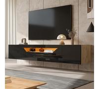 Armario de TV de 180 x 37 x 36 cm con 3 compartimentos de almacenamiento, estante suspendido, armario de TV brillante con luz LED, mesa de televisión, montaje en pared, apto para televisores de 75