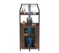 Armario de Vino Esquinero con Luces LED, Mueble Bar Industrial de 5 Niveles, Toma de carga lateral, Puerta de vidrio, estantes ajustables y soporte para copas, ideal para salón o comedor, Marrón