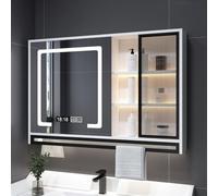 Armario Espejo Baño con luz y Estantes, Pared Mueble Espejo Baño Illuminato, grande specchio per il trucco da parete con antiappannamento, dimmer, orologio e temperatura, montaggio superficie(Wit,110C