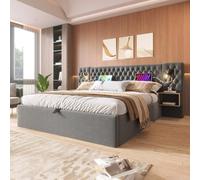 Armario hidráulico doble acolchado 180 × 200 cm con 2 mesitas de noche, luz de lectura cabecero con función de carga USB, gris, Sami (sin colchón)