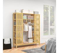 Armario de almacenamiento de bambú HOMCOM con correderas, estantes abiertos y percha para ropa para el dormitorio, 145 x 35 x 165 cm, acabado en madera natural