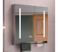 Armario inteligente con espejo de tocador de baño con luces LED, antivaho, visualización de tiempo y almacenamiento, armario de pared de madera maciza con barra de toalla y agujero para papel