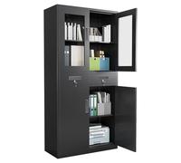 Armario metálico para gestión de Llaves comerciales - Puertas de Vidrio, 2 cajones, 2 estantes Ajustables, Cerradura de Seguridad - Almacenamiento Profesional para oficinas, garajes y Negocios -Negro