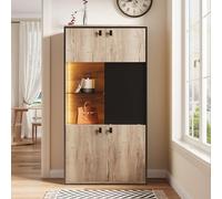 Armario moderno con acabado de madera con estructura negra: puertas dobles superiores, puertas correderas medianas con estante abierto y compartimentos inferiores. Ideal para archivos, decoración y