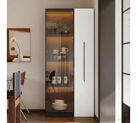 Armario multifunción - Estantería y vitrina con puertas de vidrio templado, marco de puerta de aluminio, 1 puerta, 1 cajón lateral, con ruedas e iluminación LED, vitrina, comedor (blanco y negro)