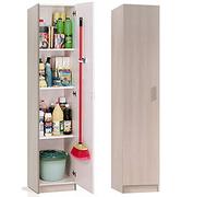 Armario Multiusos escobero Acabado Natural de181 x 37 con 4 Colgadores escoberos Incluidos, los estantes Interiores a Medida no chocan con la Puerta Cerrada, Permiten Tener Las escobas colgadas