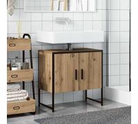 Armario para debajo del lavabo de 60 cm, roble Artisan con sifón (8 x 20 cm), madera y acero con recubrimiento en polvo, patas ajustables, apto para montaje en pared, armario de baño para