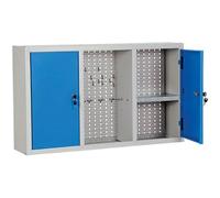 Armario para herramientas, de chapa, con 2 puertas, de color azul. Fondo hecho con panel perforado para tener la posibilidad de colgar equipos y herramientas de trabajo.