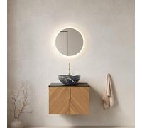 Armario para lavabo de 61 cm, roble marrón con lavabo de cerámica negra y placa de piedra sinterizada, 2 puertas de cierre suave, grano de madera diagonal para baño de invitados y baños pequeños