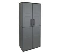 Armario porta escobas 68x37x163cm en polipropileno, material reciclable y eco-sostenible, está equipado con bisagras y estantes
