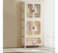 Armario Portátil Plegable Para Dormitorio - Caja De Almacenamiento Apilable Con Puertas Magnéticas y Ruedas - Incluye Barra Para Colgar y 10 Perchas - Fácil Montaje - Ideal Para Ropa y Juguetes