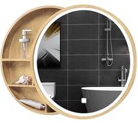 Armario redondo con espejo de baño con luz LED, tocador de maquillaje de madera montado en la pared con almacenamiento que ahorra espacio para dormitorio, diseño elegante para decoración moderna del