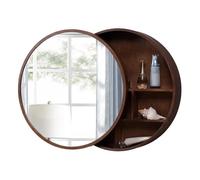 Armario redondo de 70 cm con espejo de baño de madera maciza marrón, diseño rústico, puertas correderas de altura ajustable, reflejo transparente, elegante solución de almacenamiento de baño