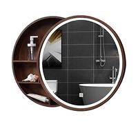 Armario redondo de espejo de baño con luz montado en la pared, espejo cosmético de madera para dormitorio, organizador de almacenamiento iluminado, espejo redondo de maquillaje, diseño elegante y