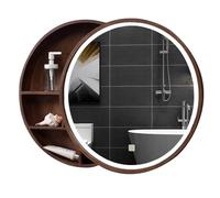 Armario redondo de pared con espejo de baño con tira de luz LED, armario de almacenamiento de madera maciza, 50 cm, elegante acabado marrón, ideal para espacios pequeños