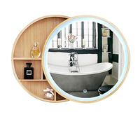 Armario redondo de pared con espejo de baño de madera maciza con tira de luz LED, solución de almacenamiento de 50 cm para baños modernos, decoración elegante y funcional para el hogar