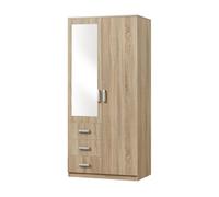 [en.casa] Armario Ropero Bodolz Guardaropa Armario de Almacenamiento con 2 Puertas 1 Perchero 3 Cajones 1 Espejo MDF 176 x 80 x 52 cm - Efecto Roble Sonoma