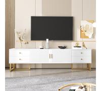 Armario TV, panel inferior, puerta texturizada, equipada con cuatro cajones espaciosos (dos a cada lado) y dos puertas de armario, muebles de salón con asas y patas doradas, 175 x 30 x 46 centímetros