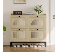 Armario zapatero de madera con 4 cajones abatibles - Estantería ajustable y panel calado, organizador antivuelco con tiradores negros - Diseño estrecho y gran capacidad para recibidor o dormitorio