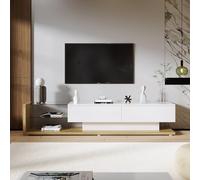 Armarios de televisión, bajos, combinación de blanco brillante y colores de madera, particiones de vidrio e iluminación LED variable, combina estilo rústico natural con diseño moderno