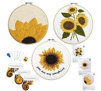 Armindou 3 juegos de bordado para principiantes con patrón de girasol para adultos principiantes, kit de punto de cruz con estampado floral, kit de punto de aguja de mano, 3 aros de bordado, 3 telas