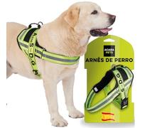Arnés con opción de Correa para Perro ACARAPETS - Arnés con 3 Anillas, Acolchado y Transpirable. Correa Bífida Elástica, Reflectante, Ajustable, para Caminar y Correr. (Amarillo Flúor, L)