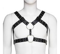 Arnés con tiras Top corto para hombre Cuerpo de cuero negro Arnés para el pecho Hebilla ajustable Soporte para el hombro Correas Cinturón Anillos en O de metal Cinturón gótico punk (Color : Black, Siz