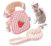 Arnés de Gato y Correa, arnés de Gato a Cuadros Impreso con Fresa con Mochila y Correa, arnés de Chaleco de Gato, Lindo arnés para Mascotas para Gatos y Perros pequeños (M, 3.5-7.5 kg)