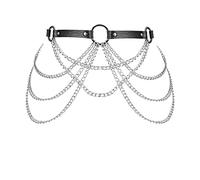 Arnés para el cuerpo de las mujeres de cuero de moda liguero cintura cadena de metal punk cinturón de Navidad festival baile traje, Negro, Talla única