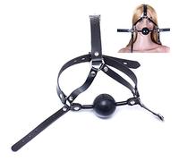 Arnés para la cabeza Bondage con mordaza bucal SM Bola de mordaza bucal de silicona Arnés para la cabeza de cuero BDSM Juego sexual erótico ajustable Esclavo Coqueteo Juguete sexual para parejas