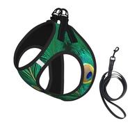 Arnés para perro pequeño con estampado de plumas de pavo real verde con correa, arneses para cachorros sin escape Easy Walk para entrenar y caminar