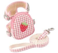 Arnés y Correa de Gato, Lindo arnés a Cuadros a Cuadros con Bolsa de patrón de Fresa, Correa Ligera portátil, Mascota Multifuncional para Gatos y Perros pequeños, M