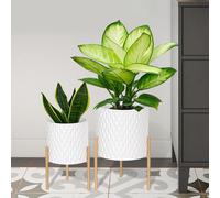 ARNIS - Macetas con soporte y drenaje para plantas, juego de 2 macetas decorativas únicas con estilo de mediados de siglo, 21 x 26,7 cm, blanco y dorado