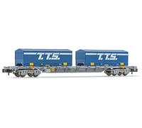 ARNOLD, SNCF, vagón portacontenedores de 4 ejes y 18 m, Novatrans Sgss, gris, con 2 contenedores de 6,7 m T.T.S., periodo V