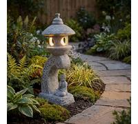 Arnusa Lámpara solar de jardín Pagoda 60 cm - Lámpara LED de jardín con efecto piedra con Buda - Blanco cálido - Farol solar para jardín, terraza y estanque