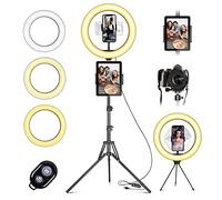 Aro de Luz con Tripode, 10'' Luz de Anillo LED con un Trípode 49-180cm, 3 Colores 10 Brillos Regulables, Aro de Luz con Bluetooth Control Remoto para Selfie Maquillaje Youtube TIK Tok