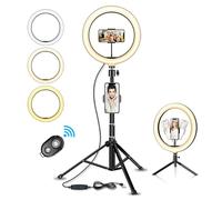 Aro de Luz con Trípode, Aro de luz LED 10¨ 25cm, 12W, 3 Color de Iluminación, 2 Tripodes, de Pie 135cm y de sobremesa 19cm, 3 Soporte Movil, Control Remoto Inalámbrico para Movil, Altura Total 160Cm