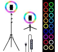 Aro de luz de 26cm de diámetro Led de 9 Colores con Soporte Ajustable Trípode más Anillo de luz RGB, Fotografía, Equipos de Estudio, Anillo de Iluminación, Vídeo (RGB + Tripode + Mini Tripode)